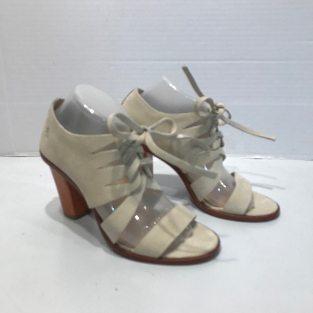 Frye Ruth Lace Up Sandal Cream Leather Block Heel Ghillie Open Toe Shoes sz 8.5
